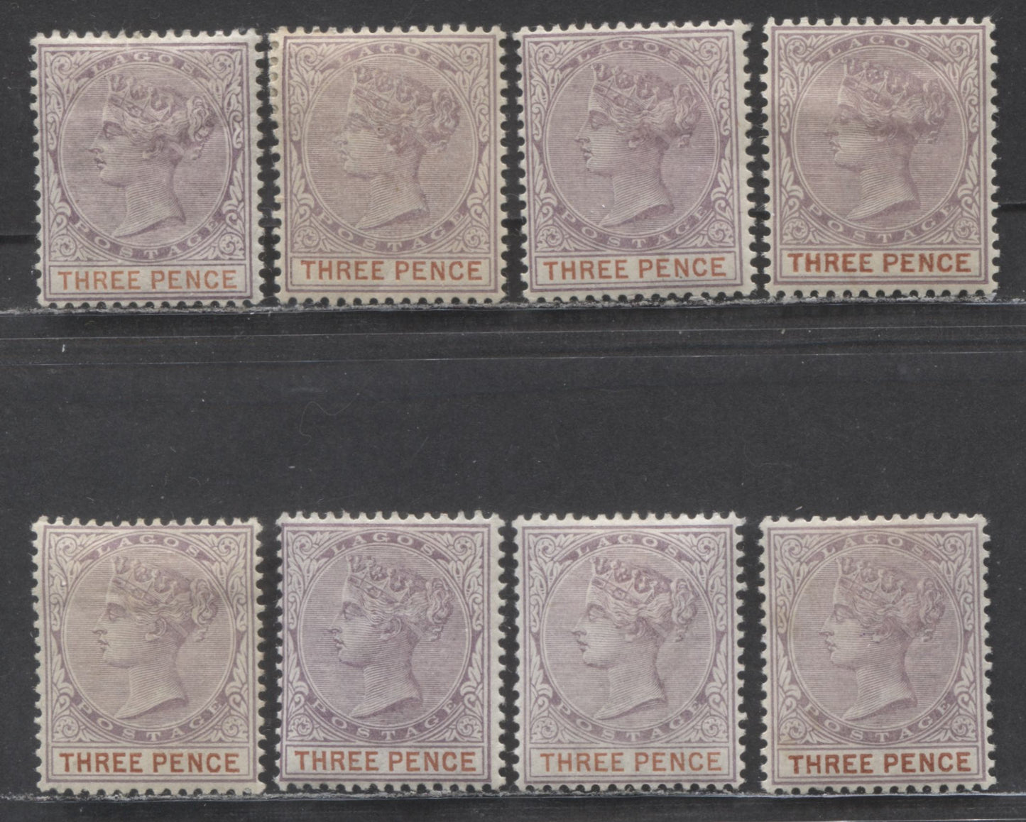 Lagos SC#21 3d Lilac & Chestnut, Orange Brown & Red Brown 1887-1902 Queen Victoria, , 8 VFOG Examples, Click on Listing to See ALL Pictures, 2022 Scott Classic Cat. $24 USD