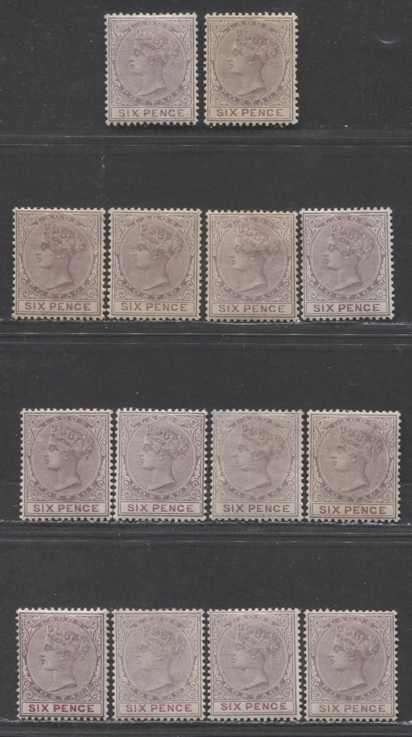 Lagos SC#27-28 6d Lilac & Claret, Mauve, Purple, Carmine 1887-1902 Queen Victoria, Plate 1 And Plate 2 Printings, 14 VFOG Examples, Click on Listing to See ALL Pictures, 2022 Scott Classic Cat. $77 USD
