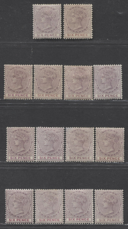 Lagos SC#27-28 6d Lilac & Claret, Mauve, Purple, Carmine 1887-1902 Queen Victoria, Plate 1 And Plate 2 Printings, 14 VFOG Examples, Click on Listing to See ALL Pictures, 2022 Scott Classic Cat. $77 USD
