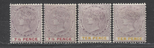 Lagos SC#29-30 7.5d Lilac and Carmine & 10d Lilac and Deep Yellow, 1887-1902 Bicolored, Crown CA Watermark, Perf 14 Comb, 4 VFOG Singles, All Different Printings, Click on Listing to See ALL Pictures, 2022 Scott Classic Cat. $18 USD