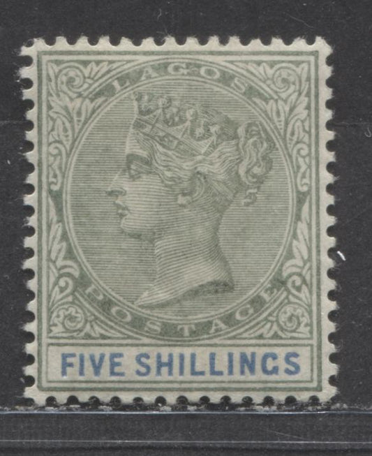 Lagos SC#36 5/- Dull Green & Deep Blue 1887-1902 Bicolored, Crown CA Watermark, Perf 14 Comb, A VFOG Example, Click on Listing to See ALL Pictures, 2022 Scott Classic Cat. $50 USD