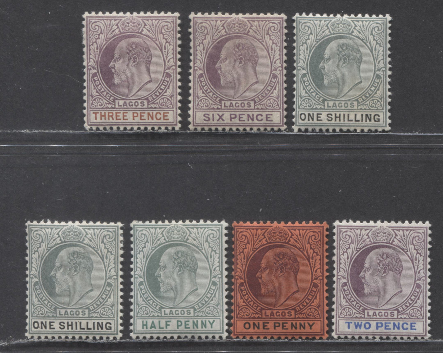 Lagos SC#50a-52a,54a-56a 1/2d - 1sh 1904-1906 King Edward VII Issue, On Chalk Surfaced Paper Including 2 Shades Of The 1sh, 7 VFOG Examples, Click on Listing to See ALL Pictures, 2022 Scott Classic Cat. $76.75 USD