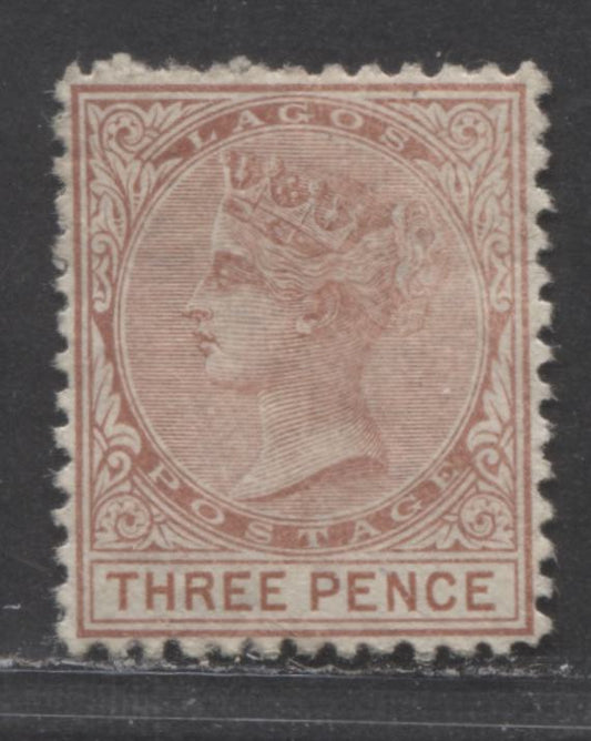 Lagos SC#3 3d Pale Chestnut & Chestnut 2nd Printing From September 14, 1874 Queen Victoria, No Gum, 3,000 Produced, Perf 12 1/2 Line, Crown CC Wmk, A F/VF UN Example, Estimated Value $65 USD