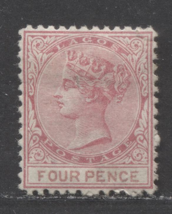 Lagos SC#4 4d Rose & Brownish Rose 1874 - 1875 Queen Victoria, One Of 7 Printings Made Of This Value, 22,320 Issued, No Gum, Separately Printed Plates,Perf 12 1/2 Line, Crown CC Wmk, A VFUN Example, Estimated Value $75 USD