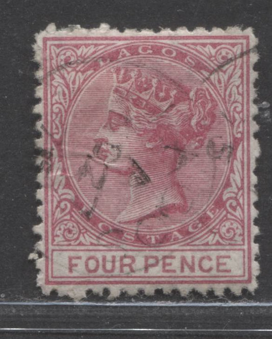 Lagos SC#4 4d Bright Carmine & Pale Crimson 1874-1875 Queen Victoria, One Of 7 Printings Made Of This Value, 23,320 Issued, Plates Printed Separately, Lagos Nov 27, 1875 CDS Timecode A, A Very Fine Used Example, 2022 Scott Classic Cat. $50 USD