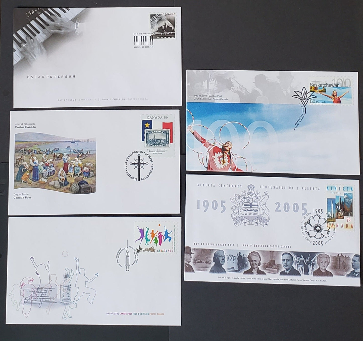 Lot 14 Canada #2116-2120 50c Multicoloured Various Designs 2005 Alberta - Polio Vaccination, 5 Canada Post First Day Covers Franked With Singles, HB Envelopes, Cat. Value $15