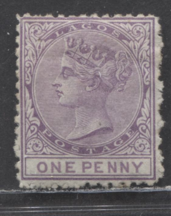 Lagos SC#1 1d Reddish Violet & Reddish Purple Third Printing From Nov 18,1874, Queen Victoria,  No Gum, 3,010 Printed. Perf 12 1/2 Line, Crown CC Wmk, A Fine Unused Example, Estimated Value $40 USD