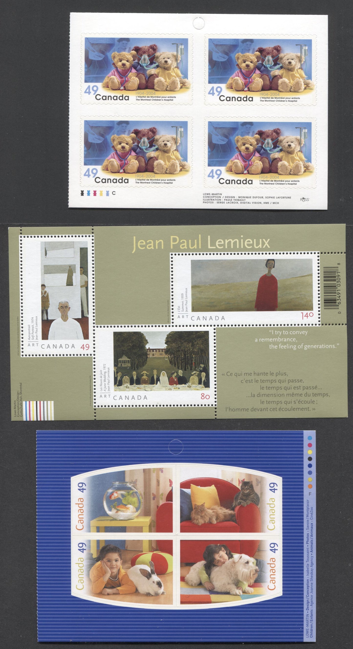Lot 20 Canada #2035, 2060a, 2068 49c-$1.40 Multicolored Teddy Bears - Summer, 2004 Pets & Art Canada,  Booklet Pane & Souvenir Sheet , NF/NF & NF/HF Papers, Lowe-Martin Printing, Unitrade Cat. $16