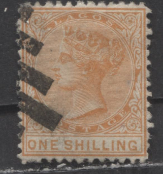 Lagos SC#6 1sh Brighter Orange 3rd Printing From Feb 3, 1875 Queen Victoria, Value is 16 1/2mm Long, Well Centered, Lagos Barred Obliterator.  3,000 Produced, A Very Fine Used Example, Click on Listing, 2022 Scott Classic Cat. $70 USD