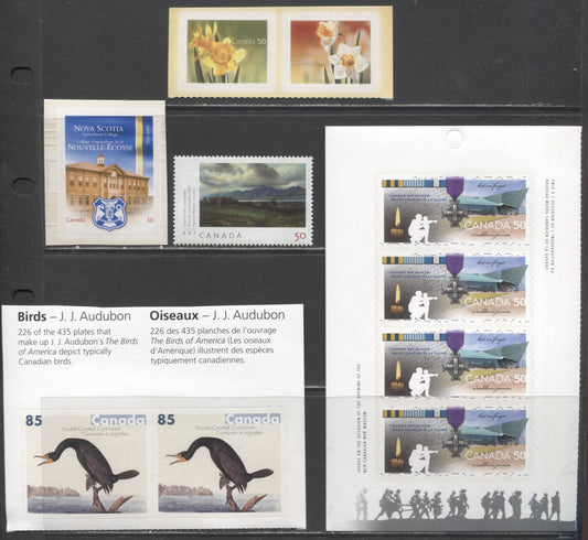 Lot 377 Canada #2089, 2092-2093, 2099, 2108-2109 50c-85c Multicolored Agricultural College - Down In The Laurentides, 2005 Agricultural College - Homer Watson, 5 VFNH Singles, Pairs & Booklet Pane