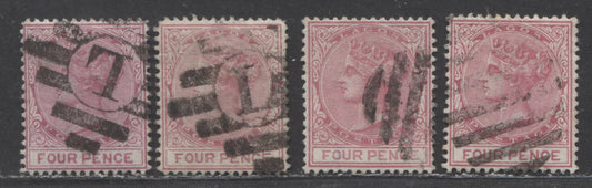 Lagos SC#10 4d Carmine, Rose & Carmine Rose 1876-1882 Crown CC Watermark, Perf 14 Line & Comb, 4 Very Fine Used Examples, Click on Listing to See ALL Pictures, 2022 Scott Classic Cat. $50 USD