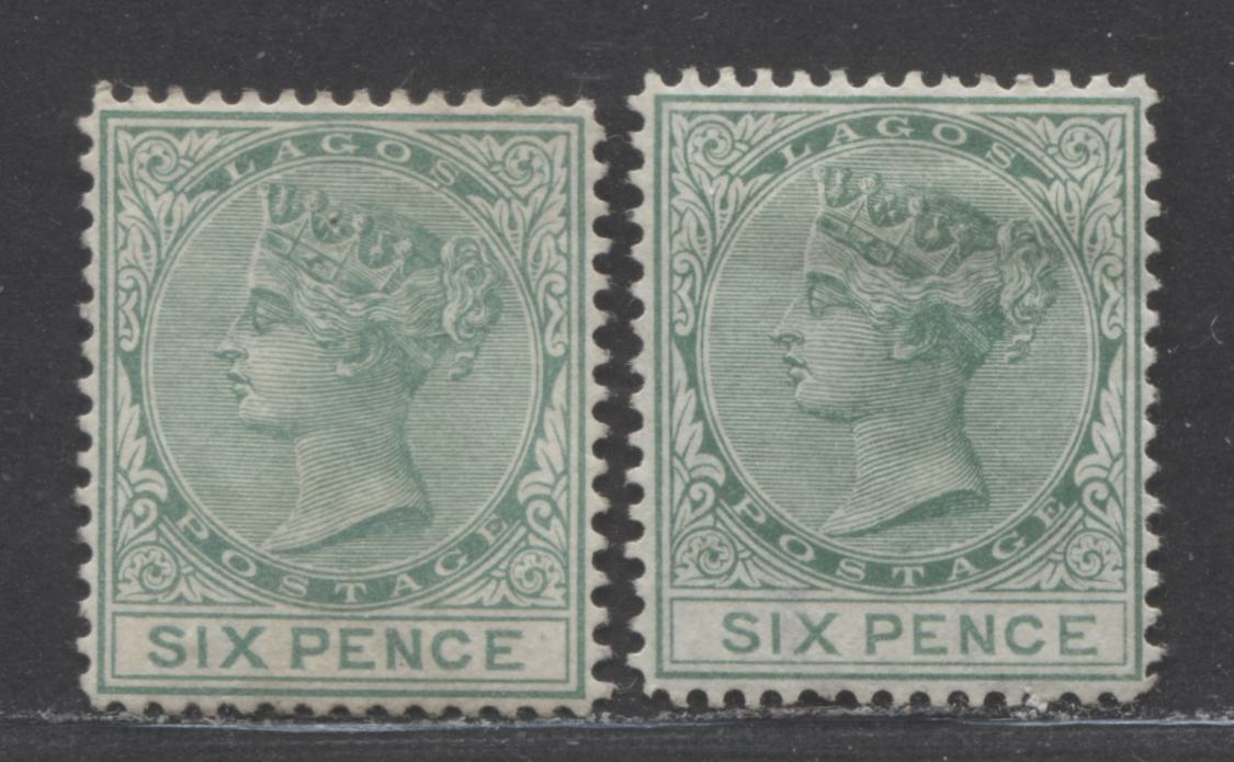 Lagos SC#11 6d Green 1876-1879 Crown CC Watermark, Perf 14 Line, Two Very Slightly Different Shades, 2 Very Fine Unused Examples, Click on Listing to See ALL Pictures, Estimated Value $125 USD