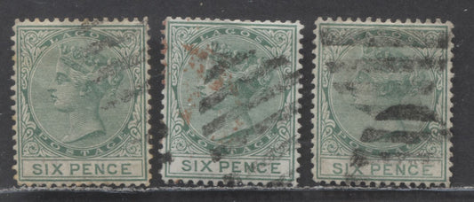 Lagos SC#11 6d Green 1876-1879 Crown CC Watermark, Perf 14 Line, Three Very Slightly Different Shades, 3 Very Fine Used Examples, Click on Listing to See ALL Pictures, 2022 Scott Classic Cat. $21 USD