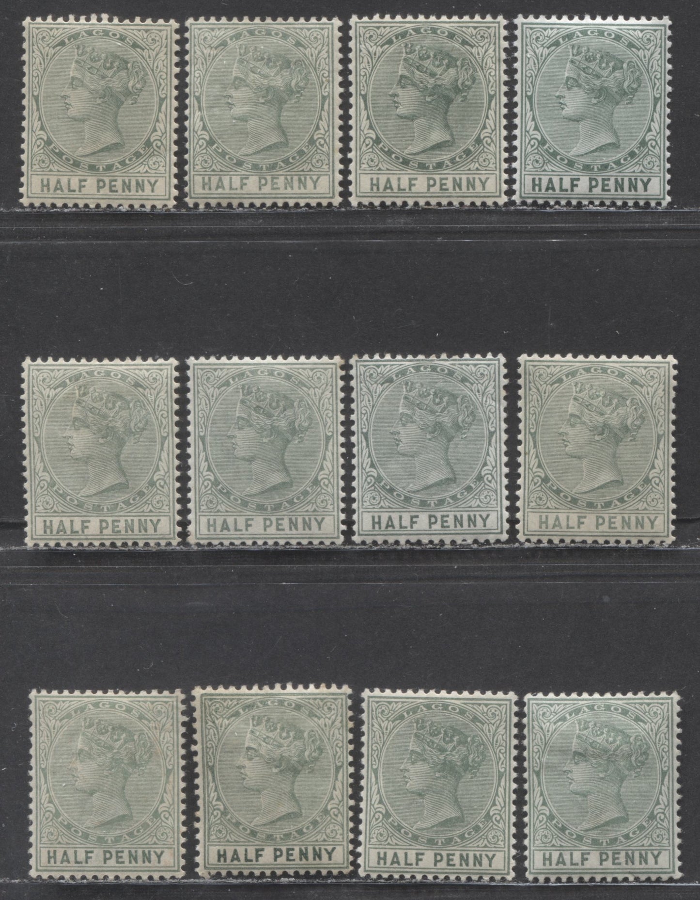 Lagos SC#13 1/2d Dull Blue Green, Dull Green & Dull Pale Green 1884-1886 Colour Changes & New Values, Crown CA Watermark, Perf 14 Comb, Different Plate 1 & 2 Printings From 1887-1902, 12 VFOG Examples, 2022 Scott Classic Cat. $27 USD