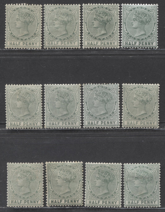 Lagos SC#13 1/2d Dull Blue Green, Dull Green & Dull Pale Green 1884-1886 Colour Changes & New Values, Crown CA Watermark, Perf 14 Comb, Different Plate 1 & 2 Printings From 1887-1902, 12 VFOG Examples, 2022 Scott Classic Cat. $27 USD