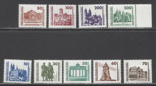 Democratic German Republic SC#2832-2840 1990 Building Definitives, Valid for postage in both East & West Germany, 9 VFNH Singles, Click on Listing to See ALL Pictures, 2022 Scott Classic Cat. $13.65 USD