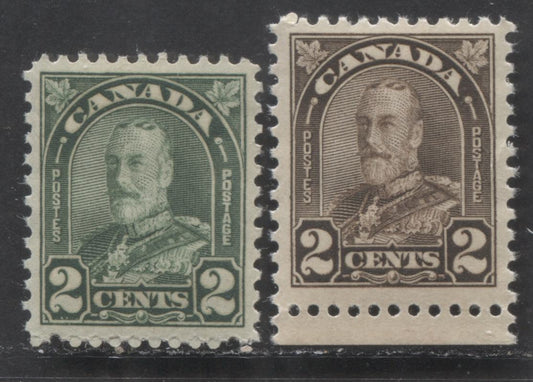 Canada #164, 166 2c Dull Green & Dark Brown King George V, 1930-1931 Arch/Leaf Issue, 2 VFNH Singles