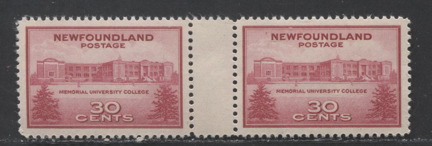 Newfoundland #267i 30c Carmine Memorial University College, 1943 University Issue, A VFNH Gutter Pair