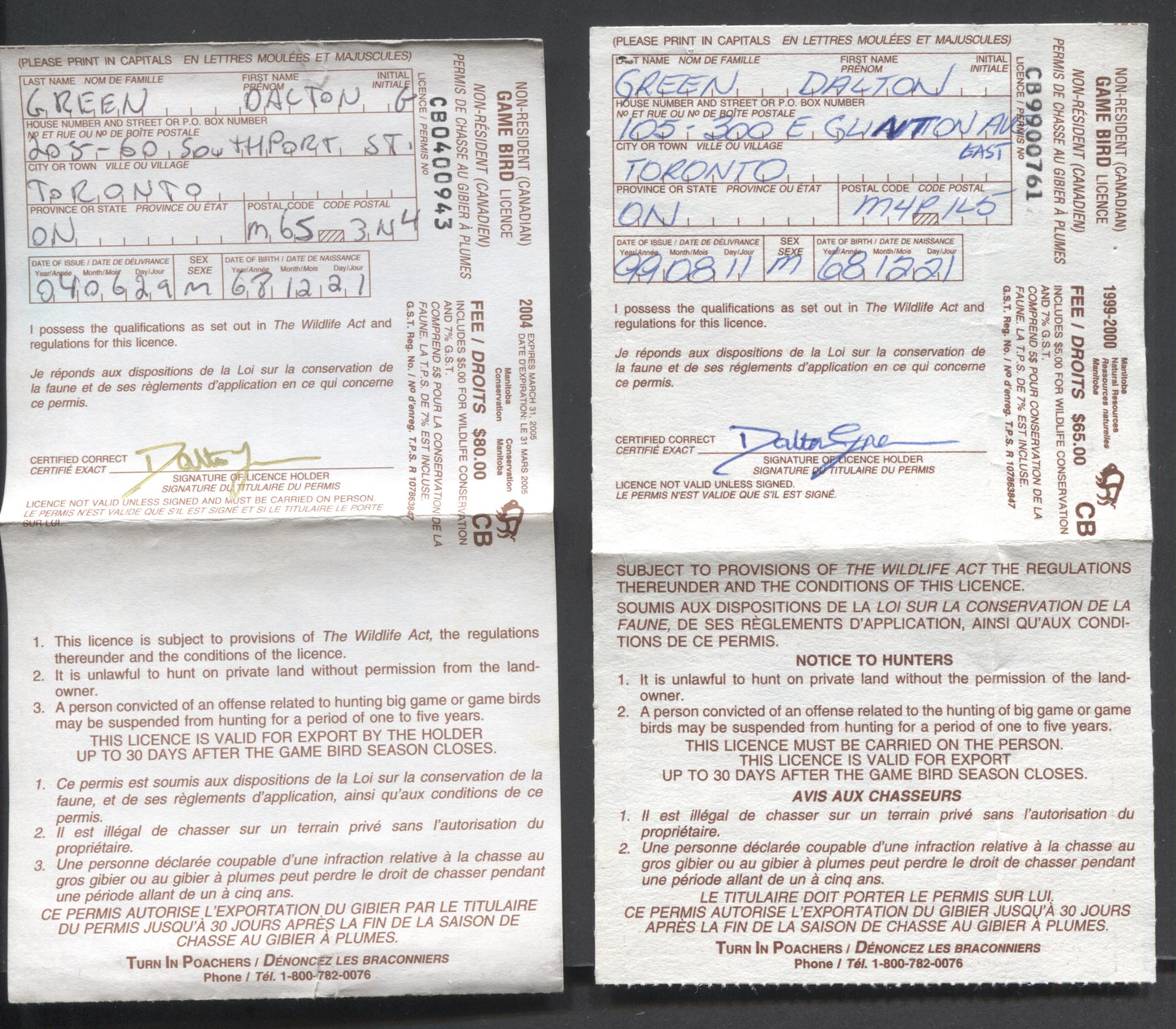 Manitoba, 1987-1988 & 1988-1989Sport Fishing Licences & Non-Resident Game Bird Licenses