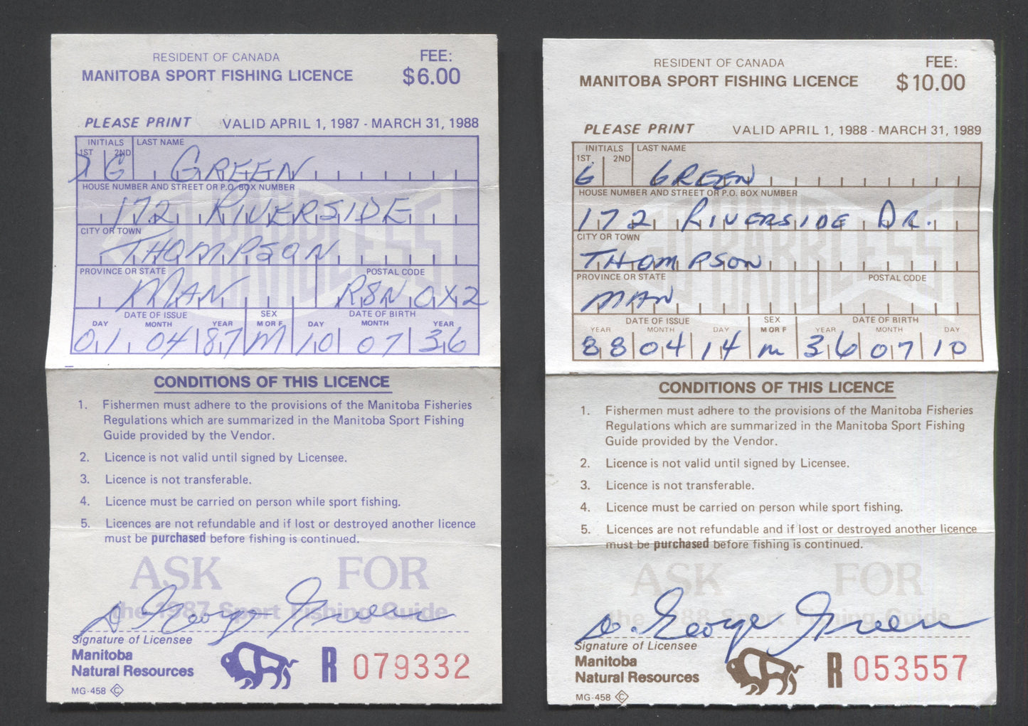 Manitoba, 1987-1988 & 1988-1989Sport Fishing Licences & Non-Resident Game Bird Licenses