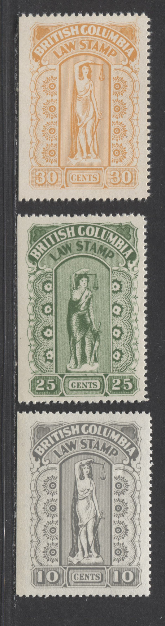 British Colombia #BCL23, 38, 41 25c, 30c & 10c Green, Orange & Gray Lady With Scale, 1912-1957 Fifth, Eighth & Ninth Series, 3 VFNH Singles