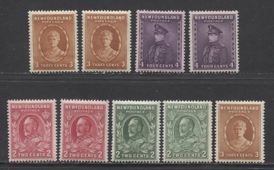 Newfoundland #185-186,186ii,187-188 2c,4c Rose,Purple King George V, Prince Of Wales, 1932 - 1937 Definitive Issue - Perkins Bacon Printings, 9 VFNH Singles With Various Shades , Dies And Perfs