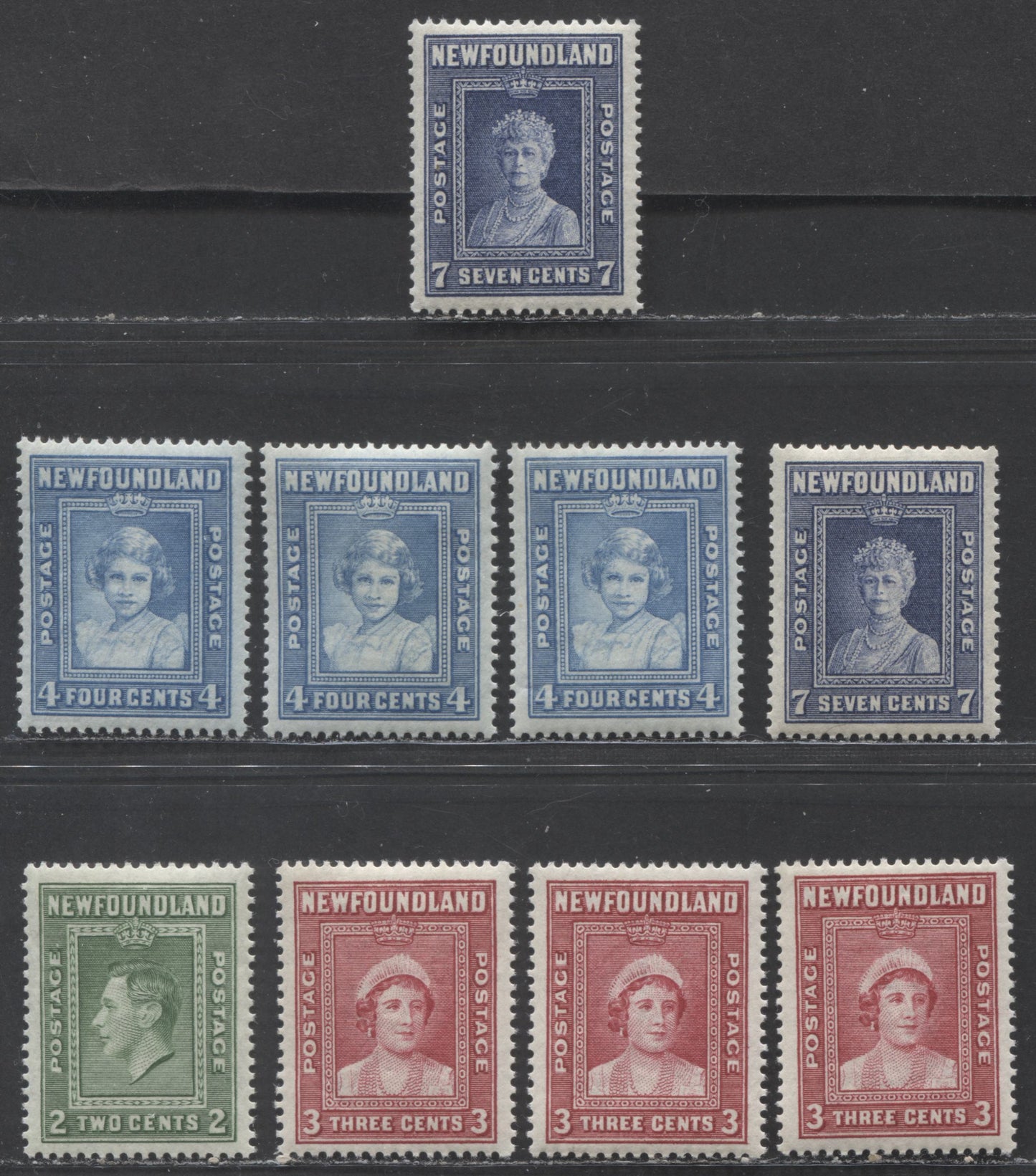 Newfoundland #245-248 2c-7c Green-Dark Ultramarine King George VI - Queen Mary, 1938 Royal Family Issue, 9 VFNH Singles With Different Perfs