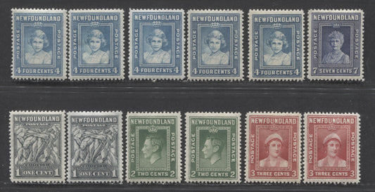 Newfoundland #253/258 1c-7c Dark Gray - Violet Blue Codfish - Queen Mary, 1941-1944 Second Resource Issue, 12 VFNH Singles With Different Line Perfs, Missing #257