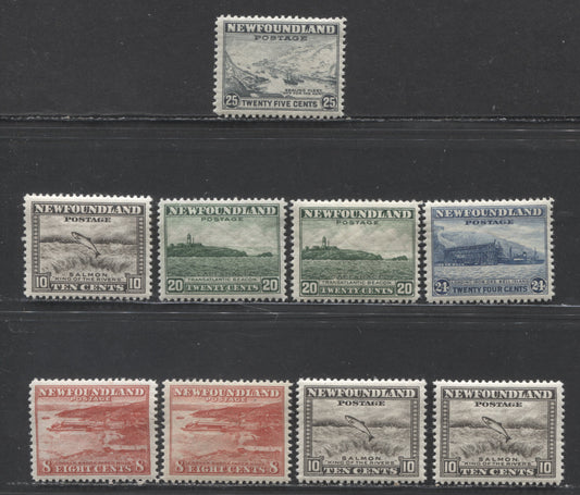 Newfoundland #259-260, 263-265 8c,25c Red, Slate Corner Brook Paper Mill, Sealing Fleet, 1941 - 1944 Definitive  Re-Issues Waterlow Printings, 9 VFNH Singles Diffferent Line Perfs, Different From Other Lots