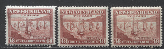 Newfoundland #266 48c Red Brown Fishing Fleet, 1941 - 1944 Definitive  Re-Issues Waterlow Printings, 3 VFNH Singles With 3 Different Line Perfs And 2 Different Shades