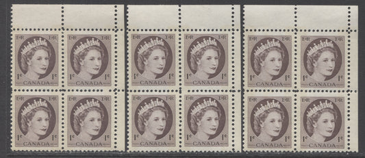 Lot 38 Canada #337p 1c Violet Brown Queen Elizabeth, 1954 Wilding Definitives, 2 VFNH UR Blank Blocks Of 4 On DF Smooth/Ribbed W2B Tagged Paper & Missing Perferation Pins In Two Different Places