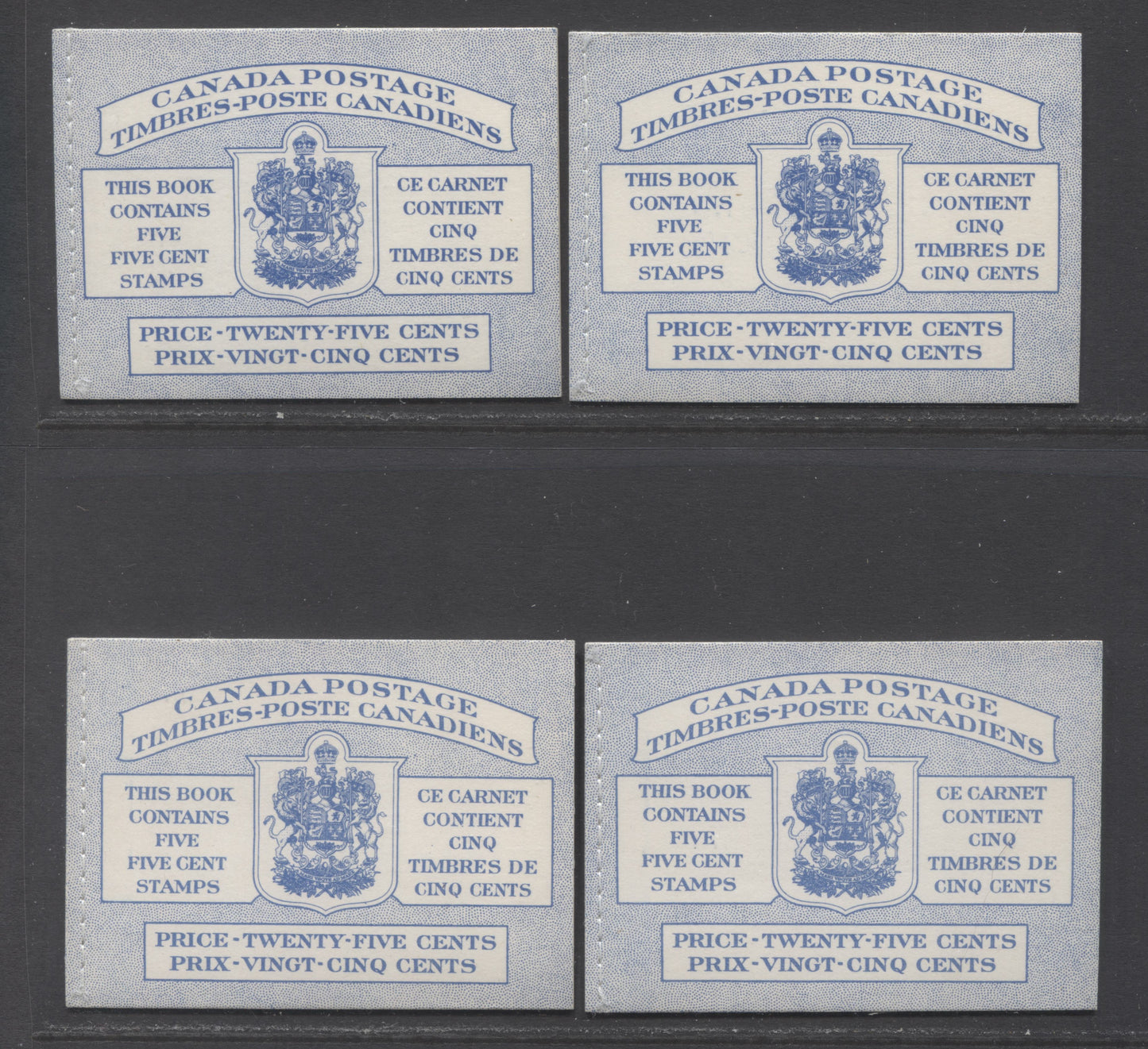 Canada #BK49b 5c Blue, 1954 - 1962 Wilding Issue, 4 VFNH Booklets With 1 Pane Of 5 + Label Type I Stitched With Ribbed Paper, Complete Set Of All Four Harris Cover Types