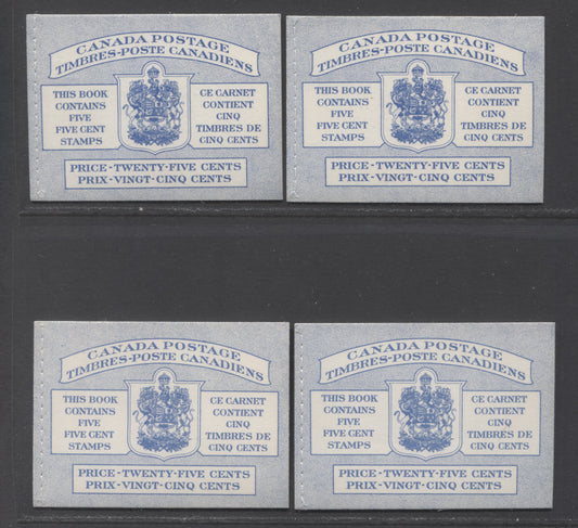 Canada #BK49b 5c Blue, 1954 - 1962 Wilding Issue, 4 VFNH Booklets With 1 Pane Of 5 + Label Type I Stitched With Ribbed Paper, Complete Set Of All Four Harris Cover Types