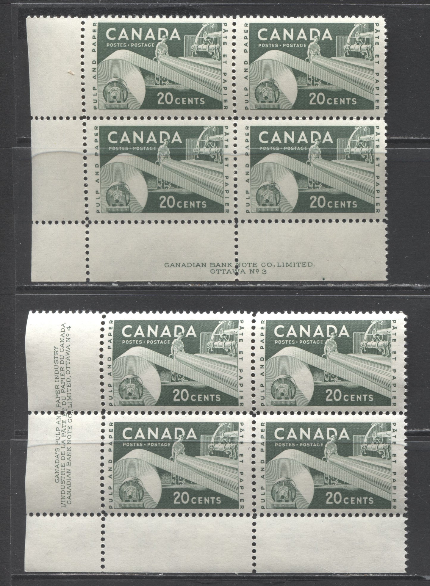 Lot 379 Canada #362 20c Green Paper Industry, 1956 Industry Issue, 2 VFNH LL Plates 3-4 Blocks Of 4 With Various DF Papers