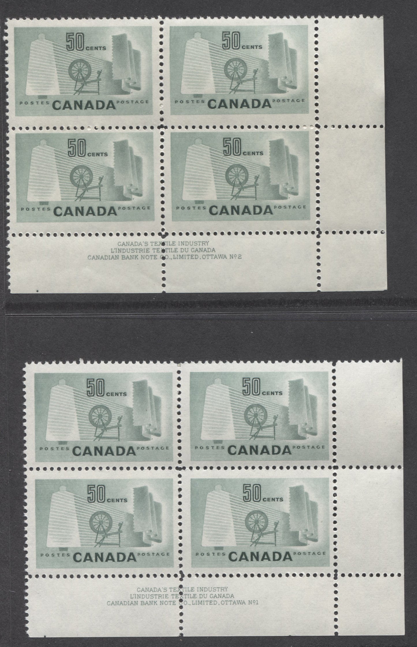 Lot 382 Canada #334 50c Pale Dull Green Shade, 1953 Textile Industry, 2 FNH LR Plates 1-2 Blocks Of 4 Both On DF Paper, Smooth on Both Sides