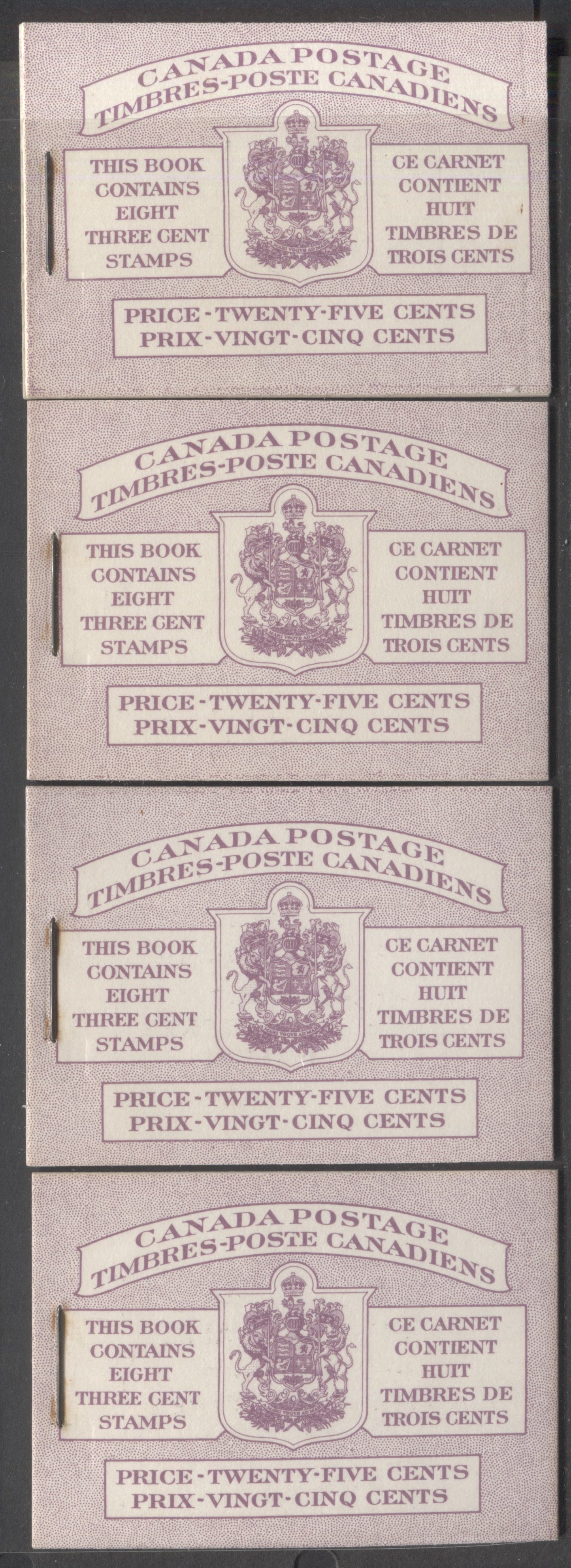 Canada #BK46 3c Carmine Rose, 1953 Queen Elizabeth II Karsh Issue, 4 VFNH Booklets Bilingual Set Of All 4 Harris Cover Types IIIc & IIId Front Covers & Gi, Gii back Covers