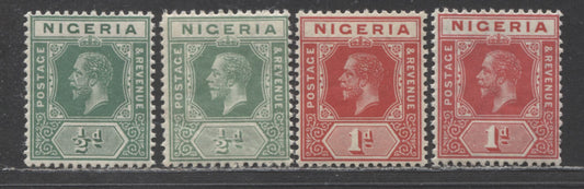 Lot 128 Nigeria SC# 1,2-2b (SG# 1,2-2a) 1/2d Green, 1d Carmine & Scarlet 1914-1929 Imperium Key Plate Issue, Multiple Crown Watermark CA, 2 Printings Of Each, 4 F-VF NH Examples, Click on Listing to See ALL Pictures, Estimated Value $65 for NH
