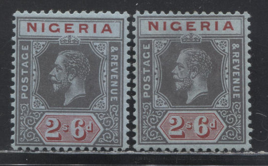 Lot 131 Nigeria SC#9 2/6 Gray Black & Carmine On Bluish Paper 1914-1929 Imperial Keyplate Issue, Two Different Printings, Multiple Crown CA Wmk, 2 FOG Singles, Click on Listing to See ALL Pictures, Estimated Value $20 USD