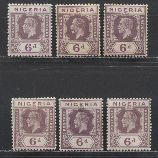 Lot 137 Nigeria SC# 28 (SG# 25a) 6d 1921 - 1933 King George V Imperium Key Plate Issue, Script CA Watermark, 6 Different Printings With Pale Violet Duty Plate Shades, 6 F/VF OG Singles, Click on Listing to See ALL Pictures, 2022 Scott Classic Cat. $48