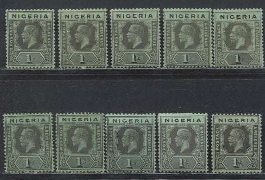 Nigeria SC# 29 (SG# 26) 1/- 1921 - 1933 King George V Imperium Key Plate Issue, Script CA Watermark, 10 Different Printings In Various Shades Of Grey & Black On Emerald, Bluish Emerald, 10 VFOG Singles, 2022 Scott Classic Cat. $72.50 USD