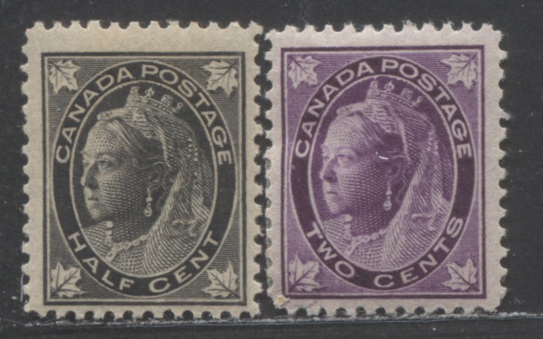 Lot 360 Canada #66, 68 1/2c, 2c Black, Purple, 1897 - 1898 Queen Victoria Maple Leaf Issue, 2 FOG Singles On Vertical Wove Paper