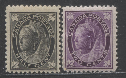Lot 360 Canada #66, 68 1/2c, 2c Black, Purple, 1897 - 1898 Queen Victoria Maple Leaf Issue, 2 FOG Singles On Vertical Wove Paper