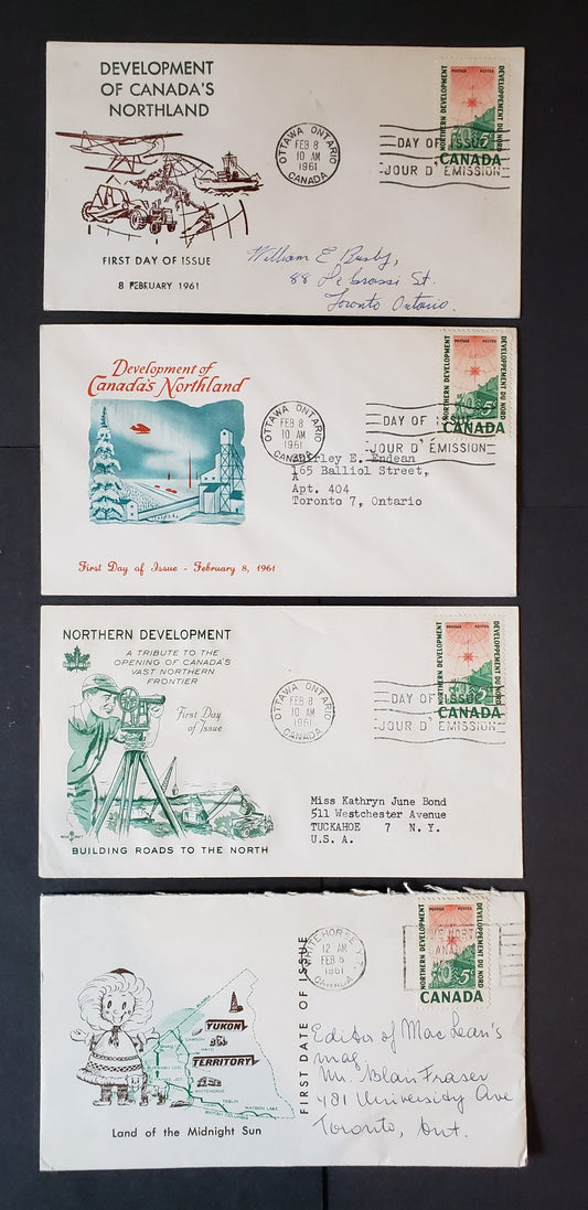 Canada #391 5c Green & Vermillion Surveying Crew 1961 Northern Development, 4 Yukon, Rosecraft, Unknown C & Unlisted Cachet Type FDC's Franked With Singles, All Addressed, Cat. Value $14