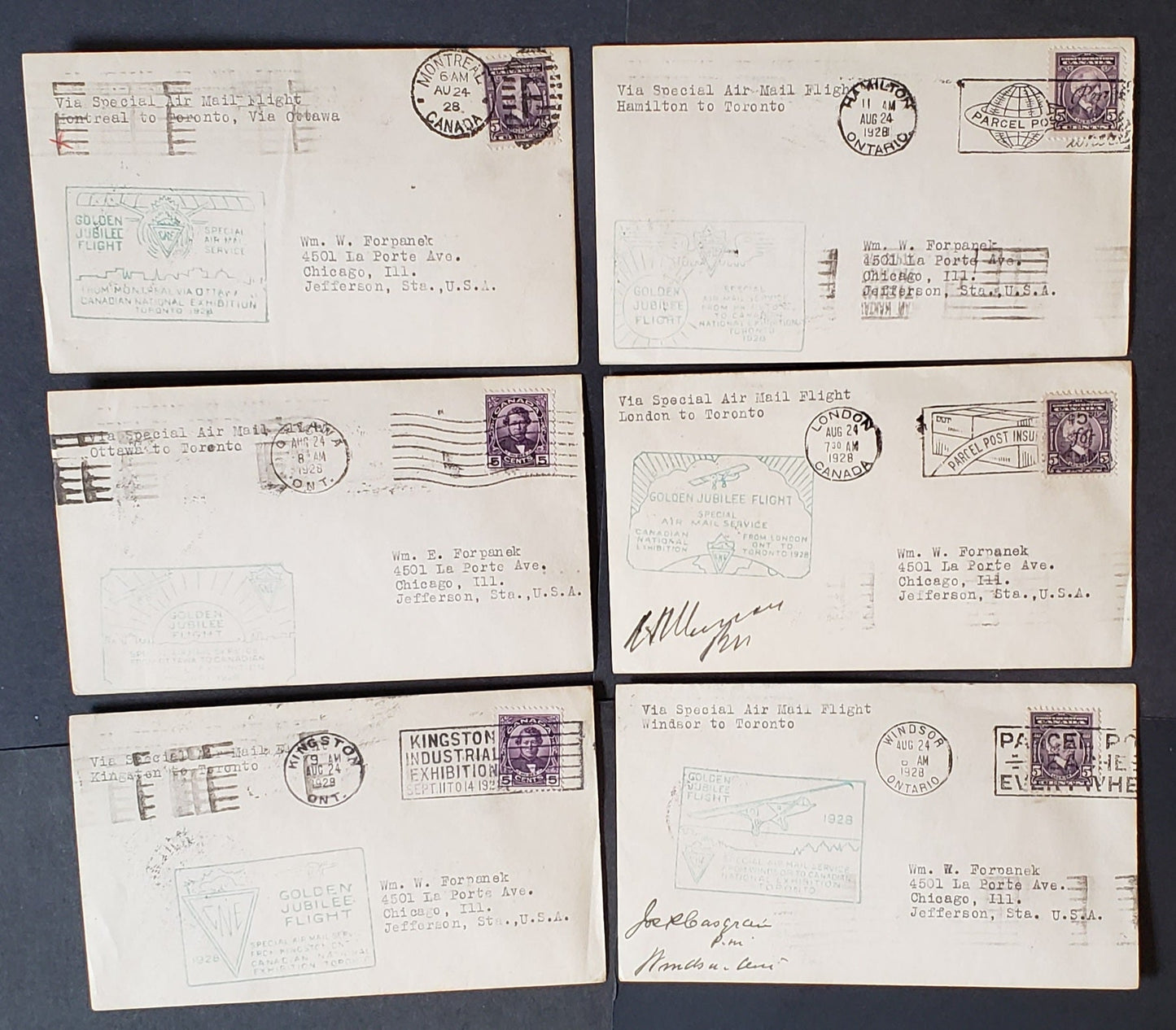 Canada AAMC#2837a-f 1928 Toronto Canadian National Exhibition Jubilee Flights – Nearly Complete Set of 6 Covers Between Main Points, All Franked With #144 or #146 and Forwarded on to Chicago