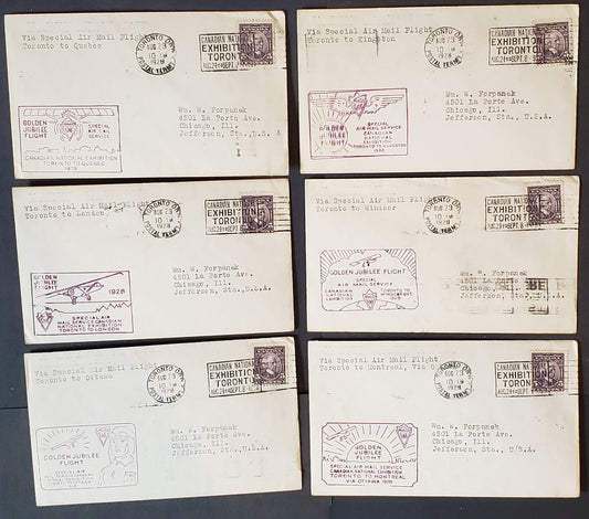 Canada AAMC#2839a-f 1928 Toronto Canadian National Exhibition Jubilee Flights – Complete Set of 7 Covers Between All Main Points, All Franked With #144 and All But One Forwarded on to Chicago