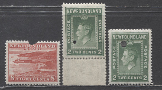 Newfoundland #254, 259 2c,8c Deep Green, Red King George VI, Corner Brook Paper Mill, 1941 - 1944 Definitive Re-Issues - Waterlow Printings, 3 F-VF Singles Archival Proofs With Large & Small Security Punch Holes. Archival Tape On The 2c Stamps