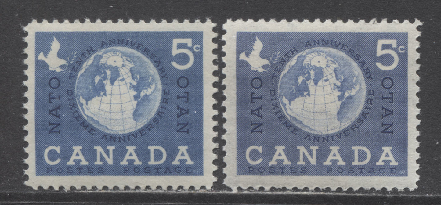 Lot 28 Canada #384 5c Violet Blue Globe, 1959 NATO Issue, 2 VFNH Singles Showing Aniline Ink With Normal For Comparison, Vertical Mesh Horizontal Wove Paper