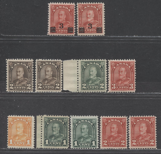 Canada #162-163-b,164-165a,166-b, 191-a 1c-3c on 2c Orange/Carmine King George V, 1930-1931 Arch/Leaf & Provisional Issues, 7 VFOG Singles