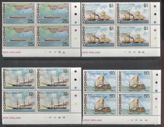 Barbados SC#487-490 1979 Ships Issue, 4 VFNH Cylinder Blocks Of 4, Click on Listing to See ALL Pictures, 2022 Scott Classic Cat. $13.8 USD