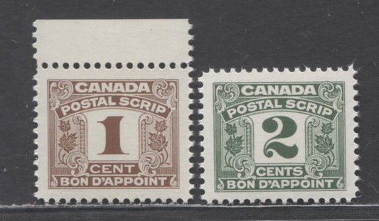 Lot 28 Canada #FPS23-24 1c & 2c Brown & Green , 1967 Postal Script Issue, 2 VFNH Singles With Large Size 20.5mm x 17mm Designs